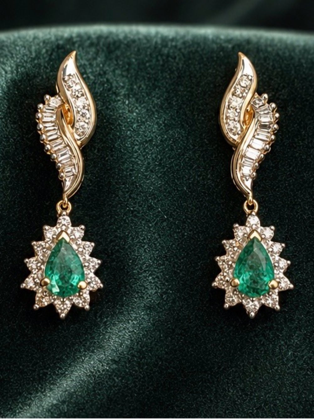 Watch Video / 10K Gold Diamond & Emerald Drop Earrings - Picture 3 of 7